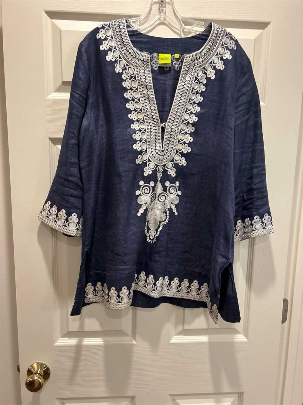 Embroidered Navy Tunic Top with White Trim - Women